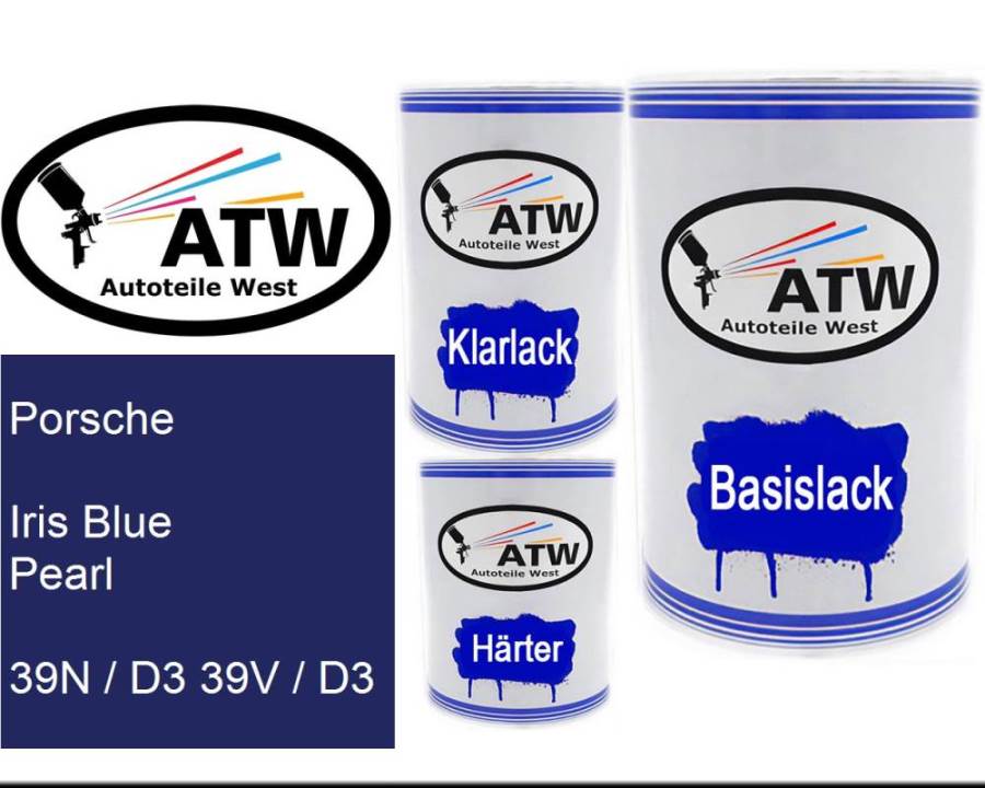 Porsche, Iris Blue Pearl, 39N / D3 39V / D3: 500ml Lackdose + 500ml Klarlack + 250ml Härter - Set, von ATW Autoteile West.